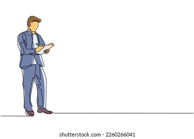 Single one line drawing young male office secretary writing with clipboard. Smart man in elegant wear, assisting in paper work. Business workwear trend. Continuous line draw design vector illustration