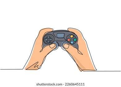 Single one line drawing young man hands holding video game console. Gamer holding in hand gamepad. Man playing video game. Leisure time at home. Continuous line draw design graphic vector illustration