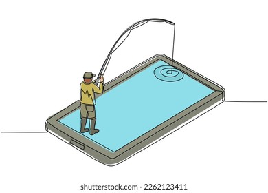 Single one line drawing young male fishing on smartphone screen. Man standing on mobile phone and fishing with rod. Fisherman mobile app. Modern continuous line draw design graphic vector illustration