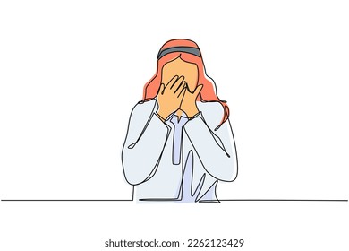 Single one line drawing young Arab man covering mouth and hands  Male mouth and hand shocked and shame for mistake  expression fear  scared in silence  secret  Continuous line draw design vector