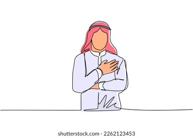 Single one line drawing young Arabian man keeping hands chest  Smiling friendly male expressing gratitude  Emotion  body language concept  Continuous line draw design graphic vector illustration
