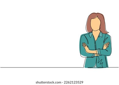 Single one line drawing young businesswoman standing with folded arms. Smiling beautiful female in casual clothes with arms crossed standing isolated. Modern continuous line draw design graphic vector