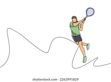 Single one line drawing young happy female tennis player hit opponent's ball. Tennis professional tournament. Sport exercise healthy concept. Continuous line draw design graphic vector illustration