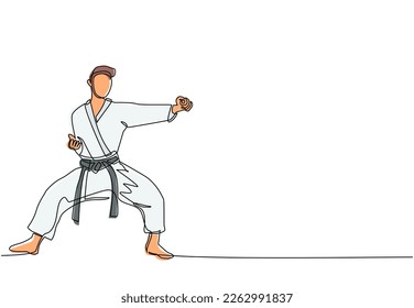 Single one line drawing young talented karateka man train with punch pose for duel fighting at dojo gym center. Mastering martial art sport concept. Modern continuous line draw design graphic vector