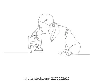 Una sola línea dibujando a un joven científico masculino mirando a través de un microscopio en un laboratorio haciendo investigación. Concepto del Día de la Ciencia. Ilustración gráfica de vector de diseño de línea continua.