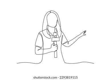 Single one line drawing young tv newscaster woman reporting tv news. News anchor concept. Continuous line draw design graphic vector illustration.