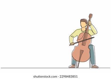 Single one line drawing young male performer playing on contrabass. Cellist man playing cello, musician playing classical music instrument. Continuous line draw design graphic vector illustration