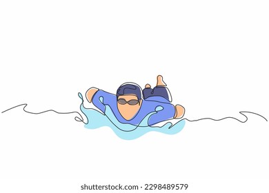 Single one line drawing young disabled person swim. Man in swimming suit without hand. Disabled sports. Healthy lifestyle. Active life with physical injury. Continuous line draw design graphic vector