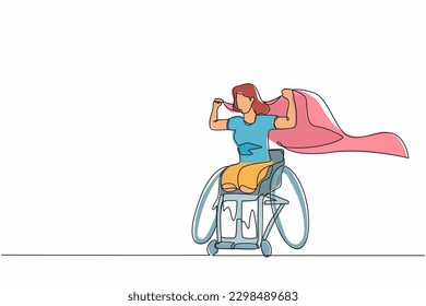 Single one line drawing young amputee woman with body injuries raising flag. Disabled athlete sitting on racing wheelchair, disabled sportswoman. Continuous line design graphic vector illustration svg