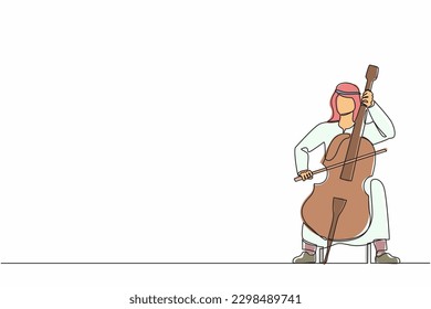 Single one line drawing young Arab male performer playing on contrabass. Cellist man playing cello, musician playing classical music instrument. Continuous line draw design graphic vector illustration