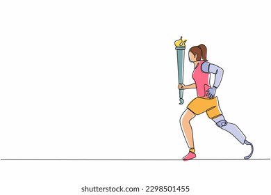 Single one line drawing  young athlete with prosthetic leg holding torch. Disability sportswoman participating in opening ceremony of sport tournament. Continuous line design graphic vector