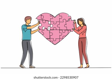 Single one line drawing young loving couple standing and forming huge heart puzzle from pieces together. Love togetherness and romance concept. Continuous line draw design graphic vector illustration
