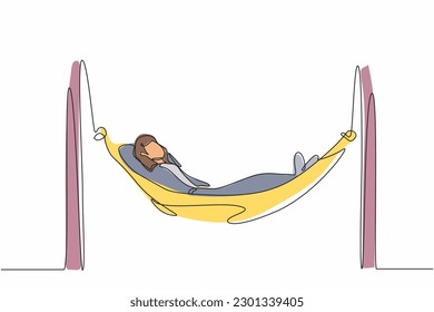 Single one line drawing young businesswoman is lying in hammock and dreaming about big money. Comfort and recreation. Achieve financial freedom. Continuous line draw design graphic vector illustration