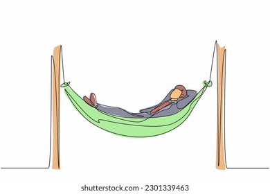 Single one line drawing young businessman is lying in hammock and dreaming about big money. Comfort and recreation. Achieve financial freedom. Continuous line draw design graphic vector illustration