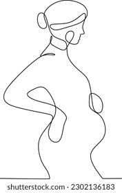 Single one line drawing Young beautiful pregnant woman standing with big belly. World population day. Continuous line draw design graphic vector illustration.