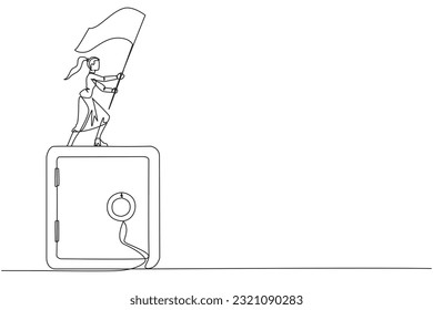 Single one line drawing young businesswoman standing on giant safe deposit box raising flag. The importance of keeping documents business in a safe place. Continuous line design graphic illustration