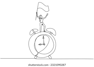 Single one line drawing young businesswoman standing on giant alarm clock raising flag in the hand. Enjoy business success when the deadline ends. Triumph. Continuous line design graphic illustration