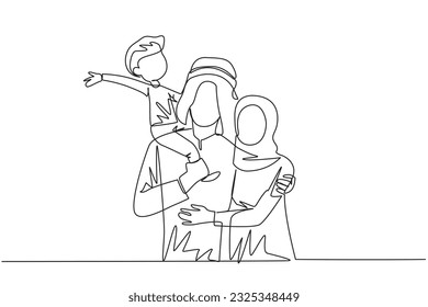 Single one line drawing young Arabian woman hug her handsome husband who is holding their little cute son  Smiling couple and child  Happy family concept  Continuous line design illustration