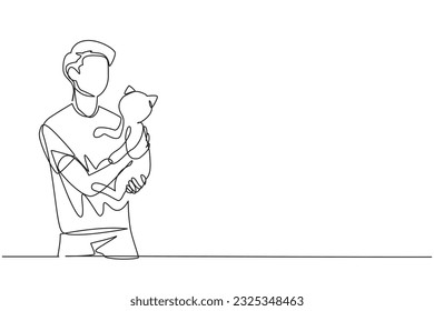 Single one line drawing young handsome man and casual t  shirt holding cute cat  Male pet owner plays and little cat  The concept taking care pet like cat  Continuous line design graphic
