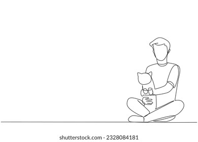 Single one line drawing of young energetic man sitting cross-legged hugging a little cat. Loving her pet cat is like loving other family members. Animal lovers. Continuous line graphic illustration