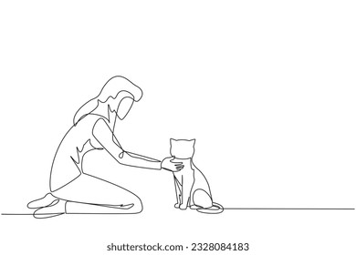 Single one line drawing of young beautiful woman hugging her little cat. While kneeling, he put his cute cat on the floor while stroking it on the neck. Continuous line design graphic illustration