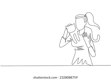Single one line drawing young beautiful woman hugging   carrying cat her shoulders  Walk   play around and your beloved cat  Pets will be more docile  Continuous line graphic illustration