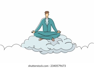 Single one line drawing young businessman relaxes and meditates in lotus position on clouds. Peaceful man relaxing with yoga or meditation pose. Continuous line draw design graphic vector illustration