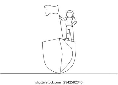 Single one line drawing young energetic astronaut standing on giant shield holding fluttering flag. Protect itself by wearing full astronaut suits. Space. Continuous line design graphic illustration