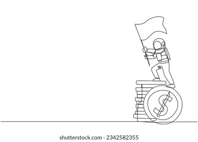 Single one line drawing young astronaut standing on giant stack of dollar sign coins holding fluttering flag. Collecting coins for the space galactic expedition. Continuous line graphic illustration