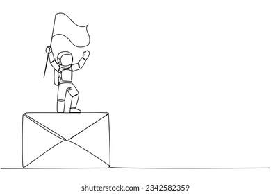 Single one line drawing young astronaut standing on giant email icon holding fluttering flag. Received an email from the team on earth to quickly complete expedition. Continuous line design graphic