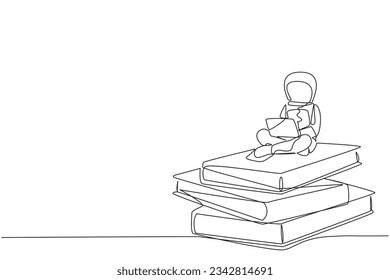 Single one line drawing young energetic astronaut sitting on stack of giant books typing laptop. Expedition problem in the database. Galaxy cosmic outer space. Continuous line graphic illustration