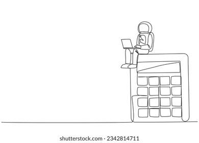 Single one line drawing young energetic astronaut sitting on giant calculator typing laptop. Accountant astronaut doing accounting on the surface of moon. Continuous line design graphic illustration