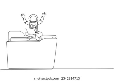 Single one line drawing young energetic astronaut sitting on giant folder holding laptop raise both hands. Delight in the success of fixing the broken expedition data. Continuous line design graphic