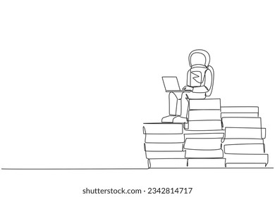 Single one line drawing young energetic astronaut sitting on pile of giant papers typing laptop. Write daily notes during the expedition. Galaxy space. Continuous line design graphic illustration