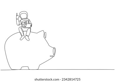 Single one line drawing young astronaut sitting on giant piggy bank holding laptop raise one hand. Saving up money for the next expedition. Galaxy cosmic. Continuous line design graphic illustration