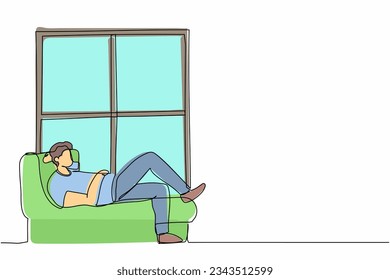 Single one line drawing young man lying windowsill at home  Male resting in room near window  Spending time at home  relaxing after work  reading  Continuous line graphic design vector illustration