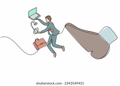 Single one line drawing young businessman kicked out of work with office supplies. Office worker being fired, Dismissal of staff. Minimal metaphor. Continuous line design graphic vector illustration