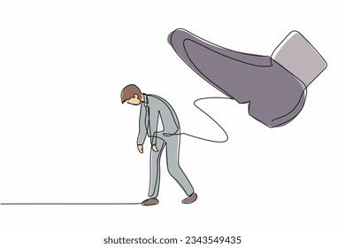 Single one line drawing young businessman going away with huge boot shoe kicking him out. Office worker being fired and kicked out concept. Minimal metaphor. Continuous line design vector illustration