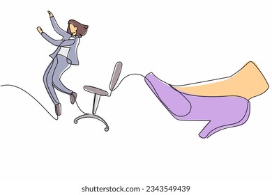 Single one line drawing young small businesswoman kicked out by big foot. Office worker kicked away from chair by giant feet. Minimal metaphor. Continuous line draw design graphic vector illustration