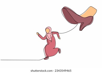 Single one line drawing young Arabian businesswoman run away from stomping foot. Office worker running from giant unfair business competition. Modern continuous line design graphic vector illustration