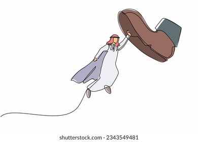 Single one line drawing young Arab businessman flying with heroes capes against giant shoes stomping. Office worker fly up against giant foot step. Continuous line design graphic vector illustration