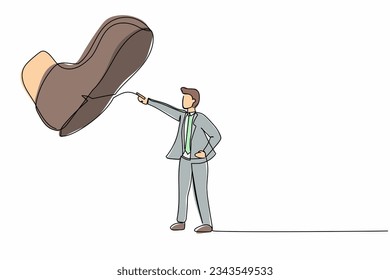 Single one line drawing young businessman facing against giant shoes stomping. Male manager pointing against giant foot step. Minimal metaphor. Continuous line draw design graphic vector illustration