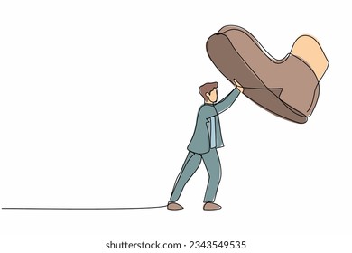 Single one line drawing young businessman against giant shoes stomping. Male manager push against giant foot step. Minimal metaphor concept. Modern continuous line design graphic vector illustration