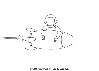 Single one line drawing young energetic astronaut hugging flying rocket. Make a landing on earth after a successful expedition. Cosmic galaxy deep space. Continuous line design graphic illustration