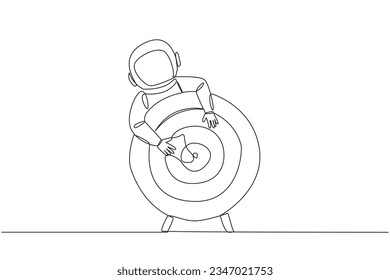 Single one line drawing young astronaut hugging arrow board target. Focus on achieving the best goals. The purpose of the expedition. Science and knowledge. Continuous line design graphic illustration
