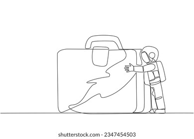 Single one line drawing young energetic astronaut hugging giant  briefcase. Hugging a favorite bag that accompanied the expedition on the moon surface. Continuous line design graphic illustration