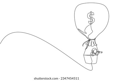 Single one line drawing young energetic astronaut using monocular, flying with hot air balloon money bag. Highlights to the moon surface. Galaxy deep space. Continuous line design graphic illustration