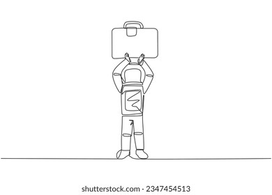 Single one line drawing young astronaut lift up the briefcase above his head. Give the code because it's ready to go into space. Cosmic galaxy deep space. Continuous line design graphic illustration