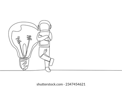 Single one line drawing young astronaut lean on giant lightbulb. Have big and brilliant ideas related to expeditions, but waiting for right time to do it. Continuous line design graphic illustration