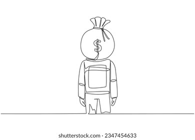 Single one line drawing young astronaut with money bag instead of head, stand facing forward. Thinking about the advantages of joining the space industry. Continuous line design graphic illustration